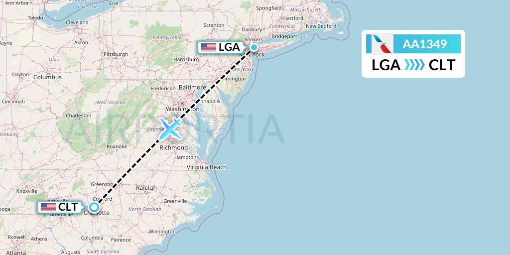 AA1349 American Airlines Flight Map: New York to Charlotte