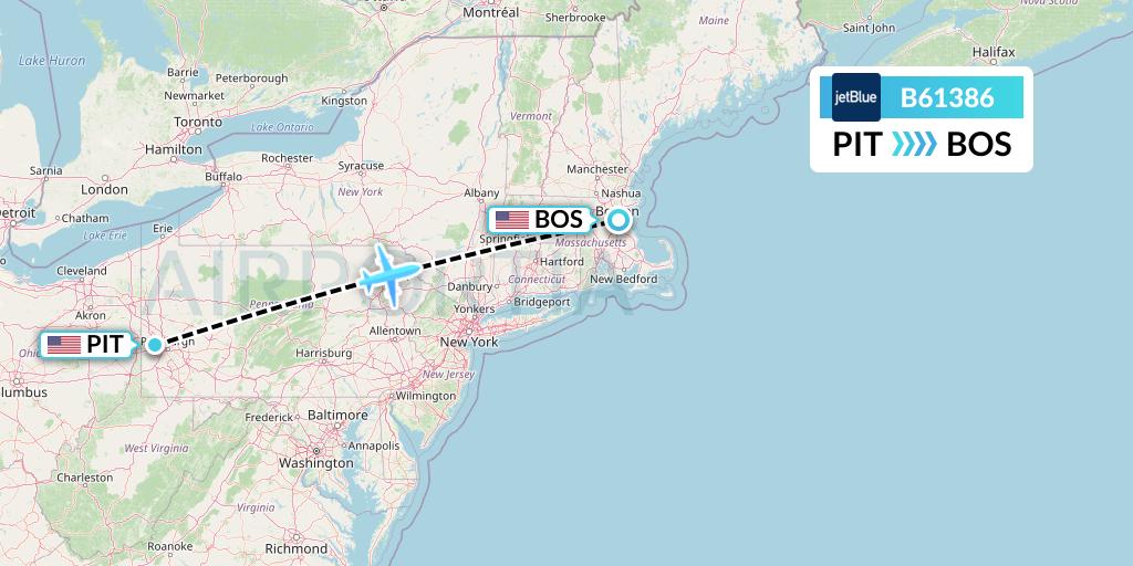 B61386 JetBlue Airways Flight Map: Pittsburgh to Boston