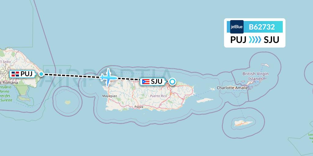 B62732 JetBlue Airways Flight Map: Punta Cana to San Juan