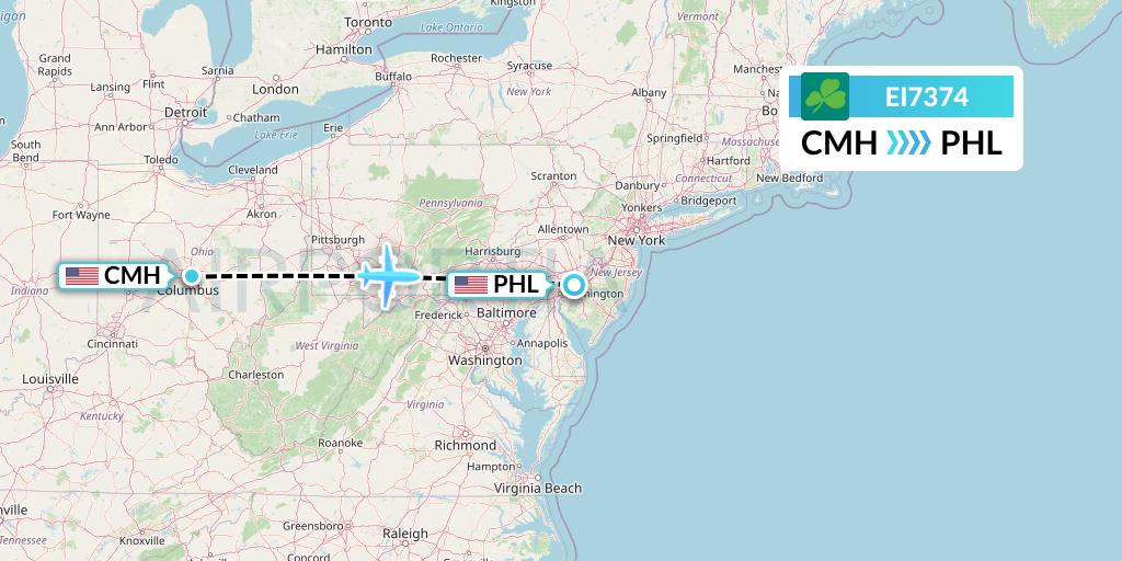 EI7374 Aer Lingus Flight Map: Columbus to Philadelphia