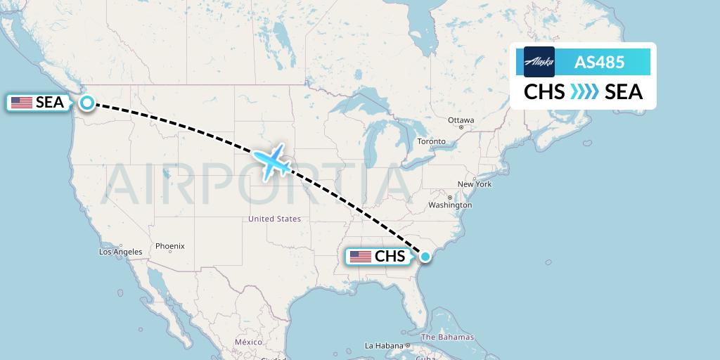 AS485 Alaska Airlines Flight Map: Charleston to Seattle