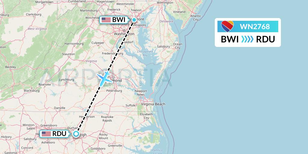 WN2768 Southwest Airlines Flight Map: Baltimore to Raleigh-Durham