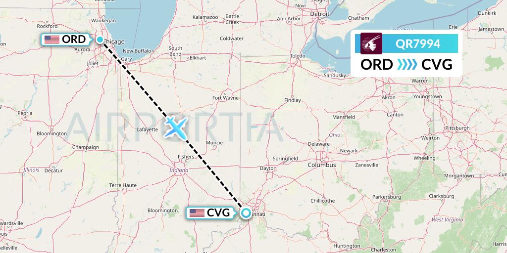 QR7994 Qatar Airways Flight Map: Chicago to Cincinnati