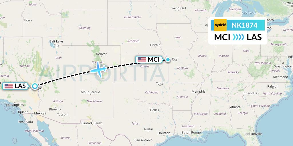 NK1874 Spirit Airlines Flight Map: Kansas City to Las Vegas