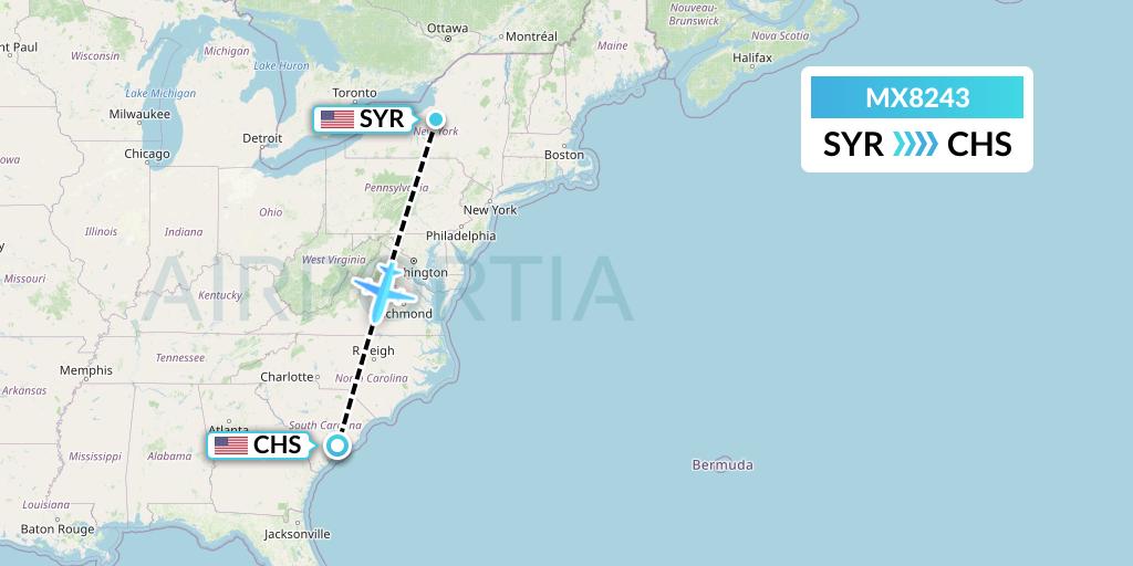 MX8243 Breeze Airways Flight Map: Syracuse to Charleston