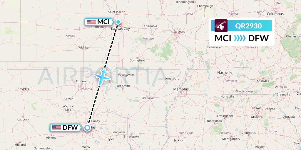 QR2930 Qatar Airways Flight Map: Kansas City to Dallas