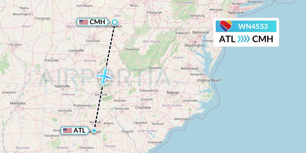 WN4533 Southwest Airlines Flight Map: Atlanta to Columbus