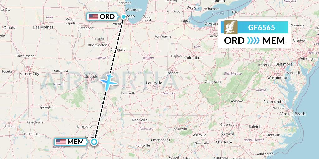 GF6565 Gulf Air Flight Map: Chicago to Memphis