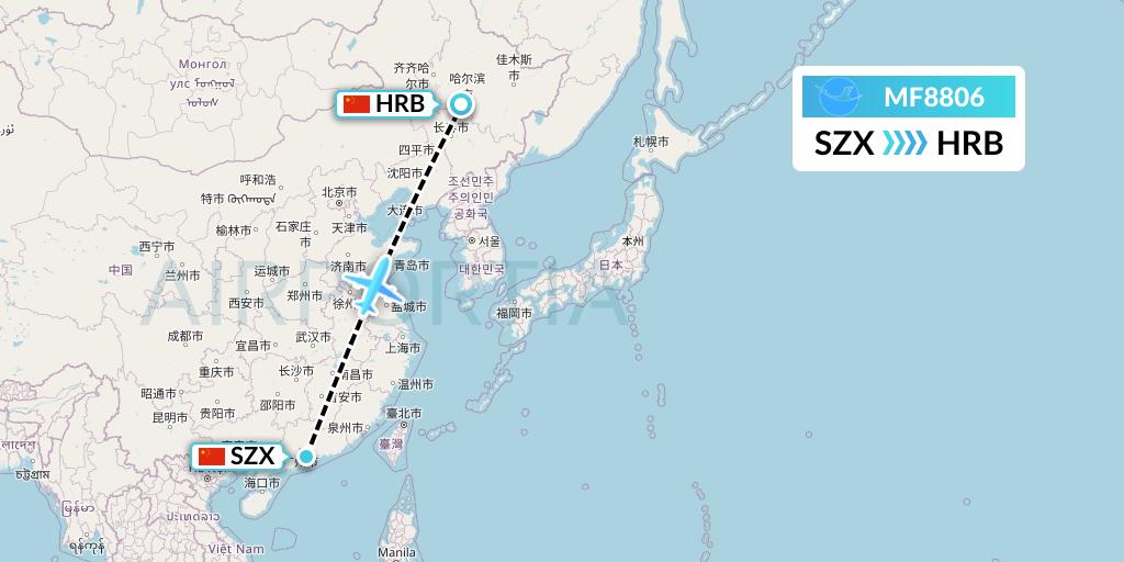 MF8806 Xiamen Airlines Flight Map: Shenzhen to Harbin