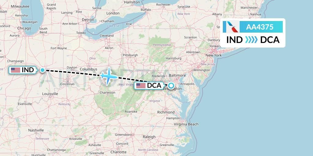 AA4375 American Airlines Flight Map: Indianapolis to Washington