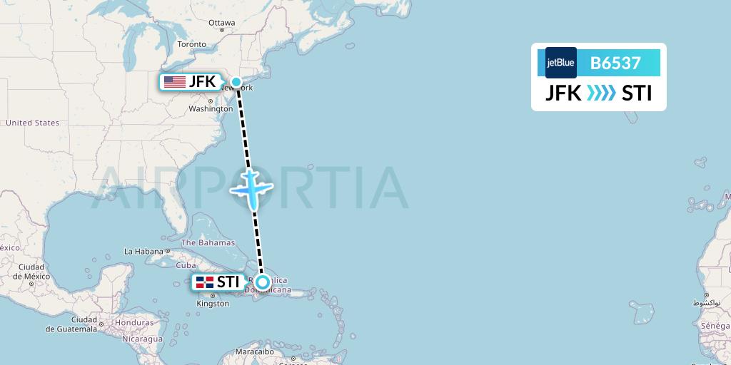 B6537 JetBlue Airways Flight Map: New York to Santiago de los Caballeros