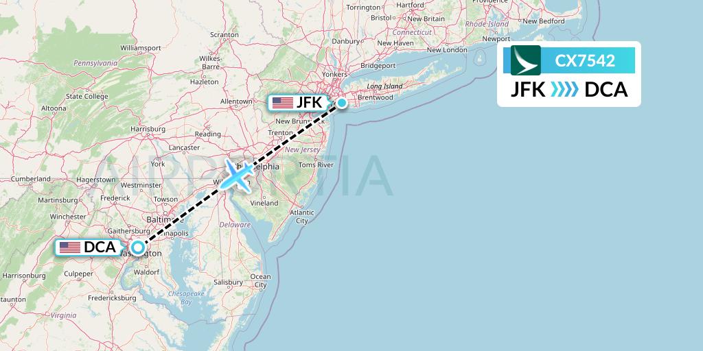 CX7542 Cathay Pacific Flight Map: New York to Washington