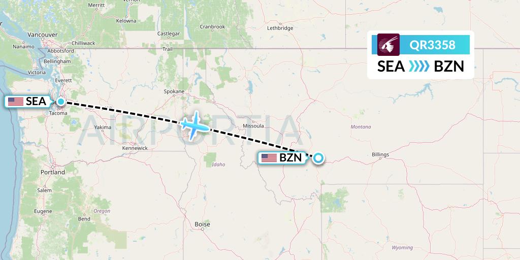 QR3358 Qatar Airways Flight Map: Seattle to Bozeman