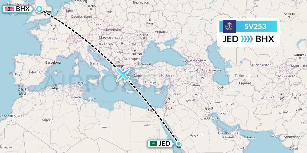 SV253 Saudi Arabian Airlines Flight Map: Jeddah to Birmingham