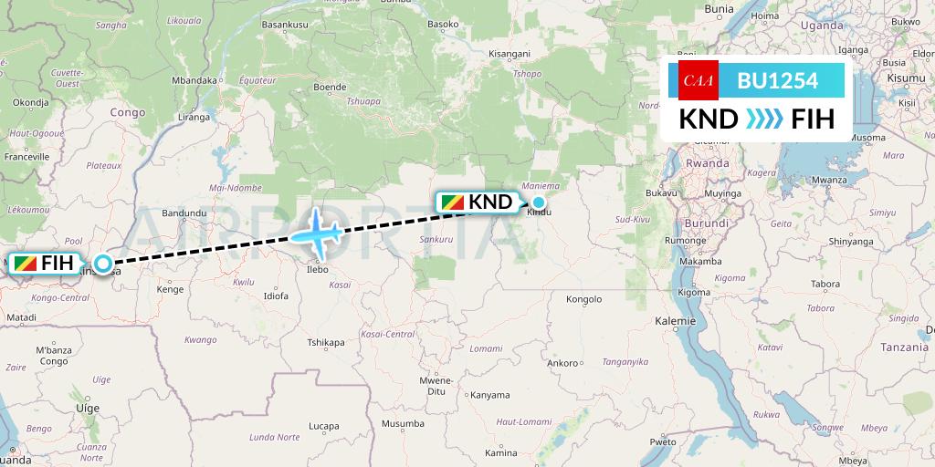 BU1254 flyCAA Flight Map: Kindu to Kinshasa
