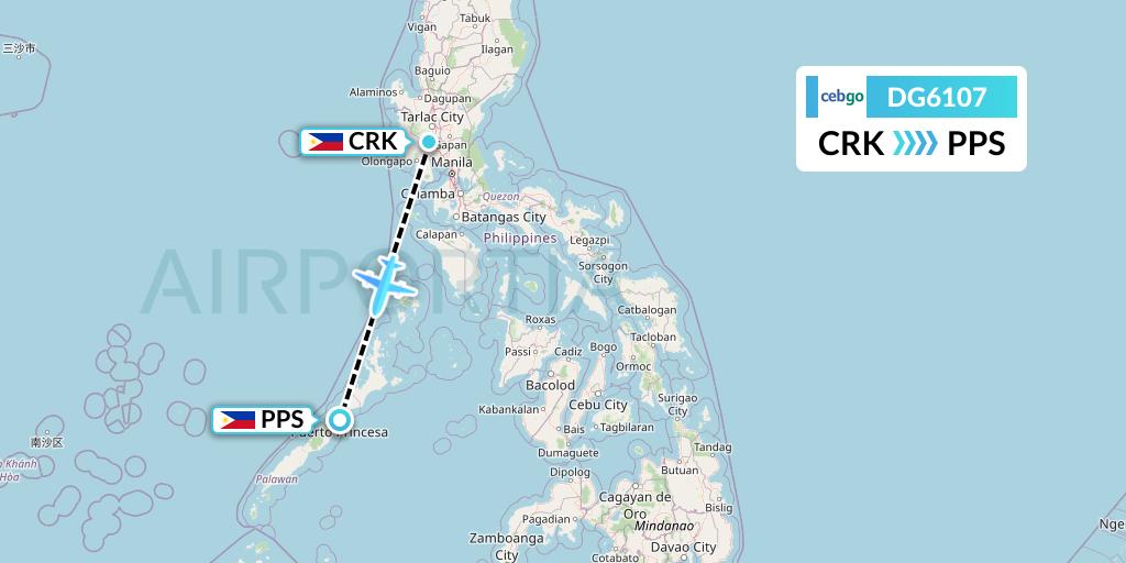 DG6107 Cebgo Flight Map: Angeles City to Puerto Princesa City