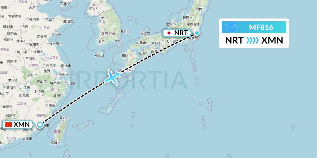MF816 Xiamen Airlines Flight Map: Tokyo to Xiamen