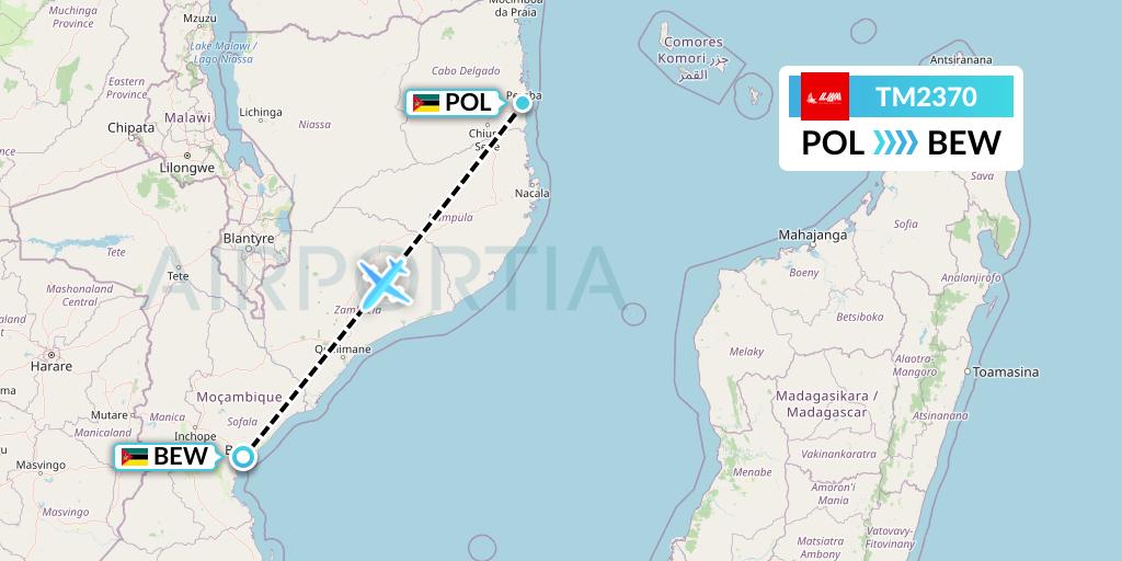TM2370 LAM Mozambique Airlines Flight Map: Pemba to Beira