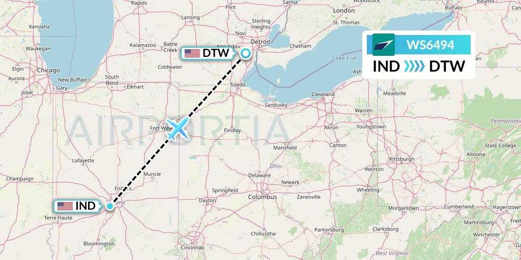 WS6494 WestJet Flight Map: Indianapolis to Detroit