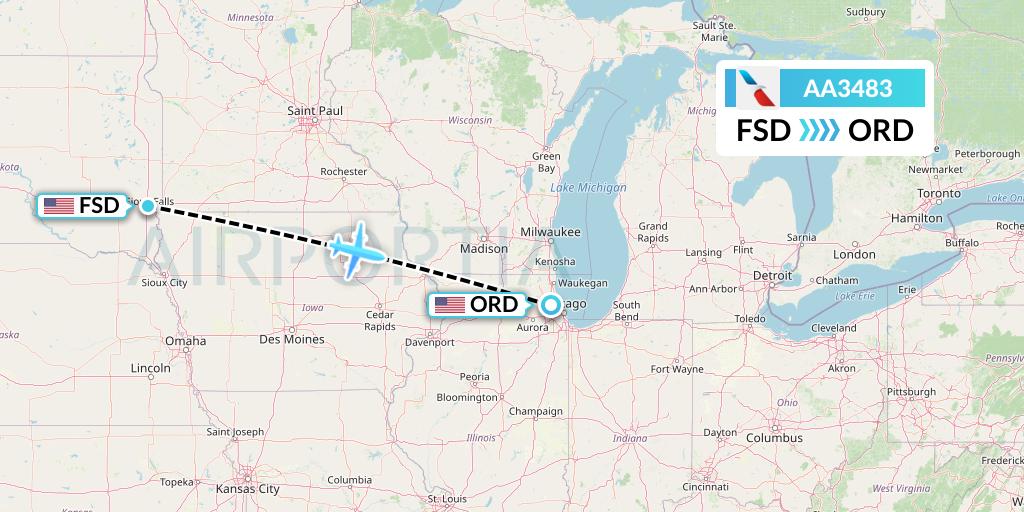 AA3483 American Airlines Flight Map: Sioux Falls to Chicago