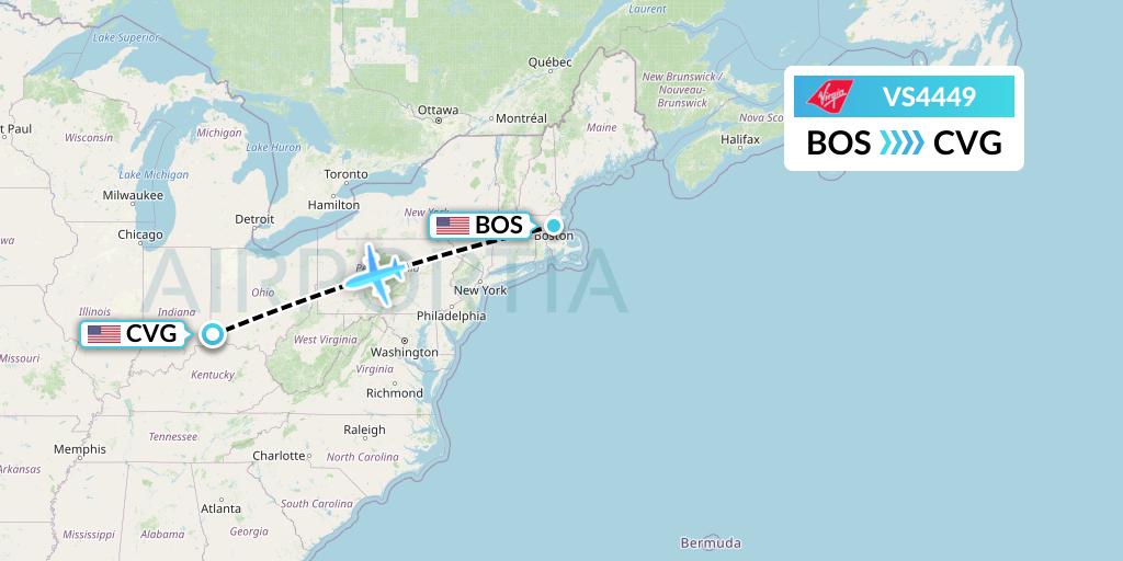 VS4449 Virgin Atlantic Airways Flight Map: Boston to Cincinnati