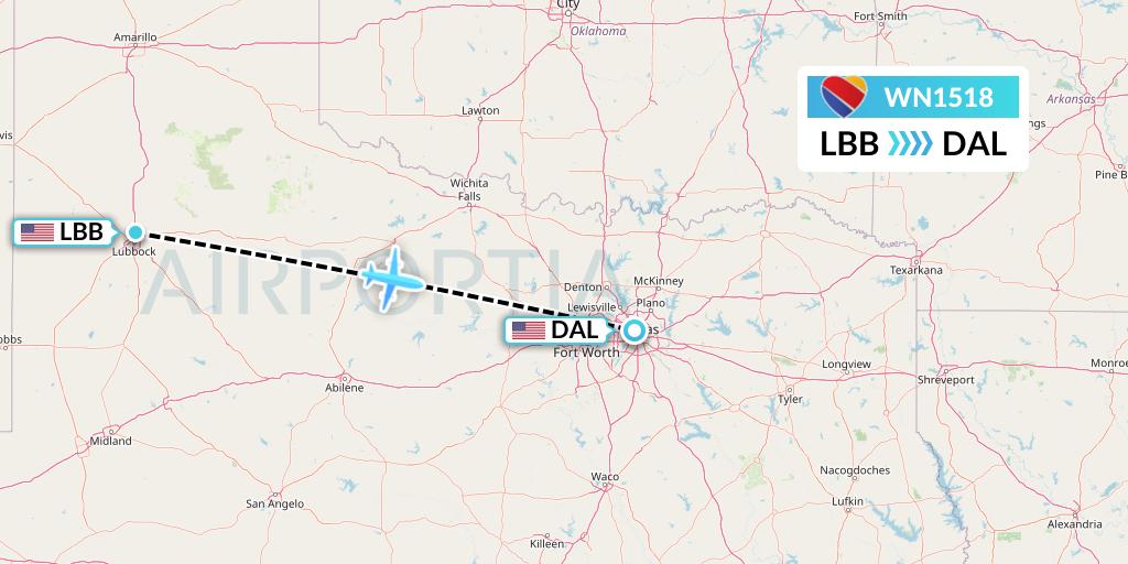 WN1518 Southwest Airlines Flight Map: Lubbock to Dallas