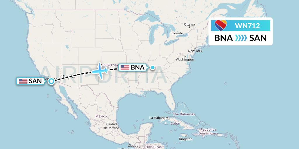 WN712 Southwest Airlines Flight Map: Nashville to San Diego