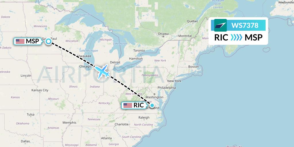 WS7378 WestJet Flight Map: Richmond to Minneapolis