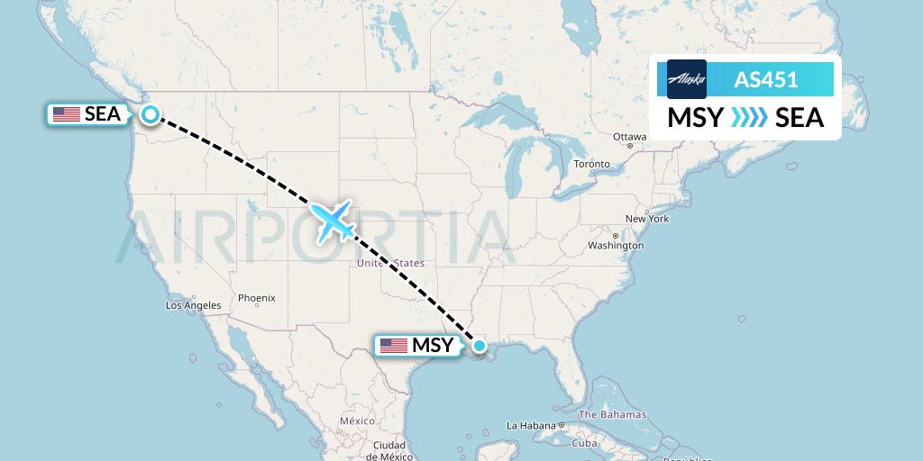 AS451 Alaska Airlines Flight Map: New Orleans to Seattle