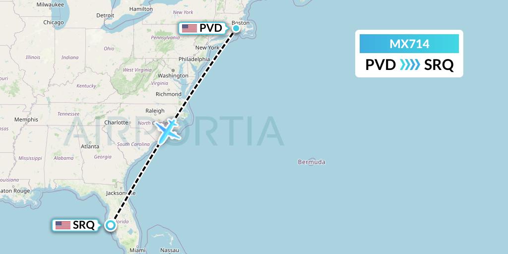 MX714 Breeze Airways Flight Map: Providence to Sarasota