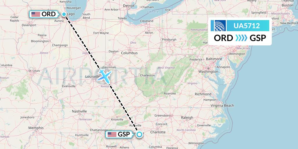 UA5712 United Airlines Flight Map: Chicago to Greenville-Spartanburg