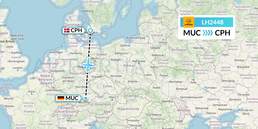 LH2448 Lufthansa Flight Map: Munich to Copenhagen