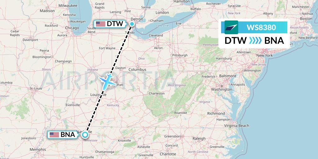 WS8380 WestJet Flight Map: Detroit to Nashville