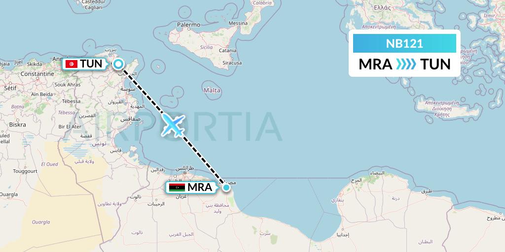 NB121 Berniq Airways Flight Map: Misrata to Tunis
