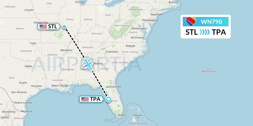 WN790 Southwest Airlines Flight Map: St. Louis to Tampa