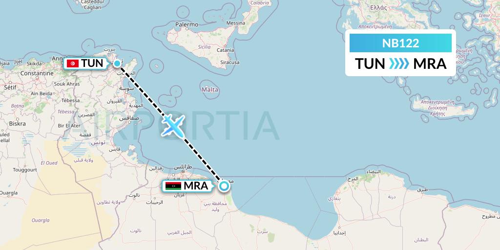 NB122 Berniq Airways Flight Map: Tunis to Misrata