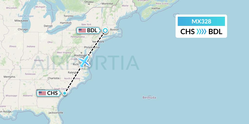 MX328 Breeze Airways Flight Map: Charleston to Windsor Locks