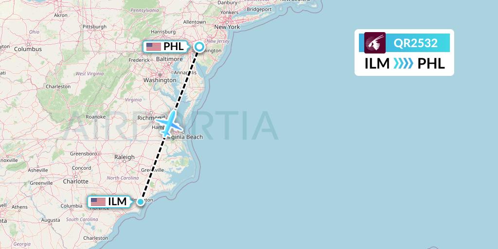 QR2532 Qatar Airways Flight Map: Wilmington to Philadelphia