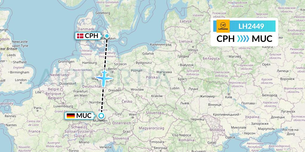 LH2449 Lufthansa Flight Map: Copenhagen to Munich