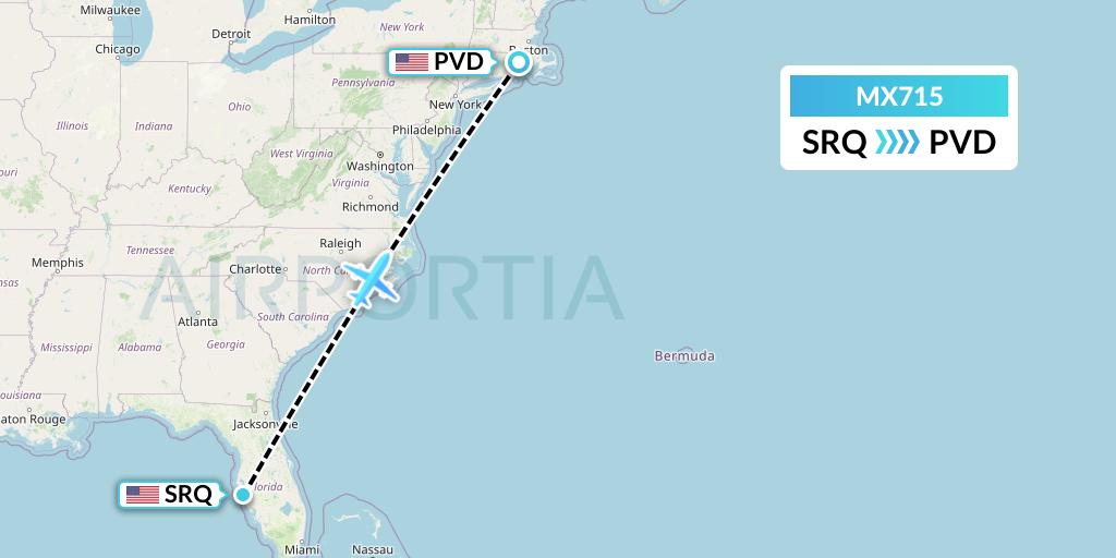MX715 Breeze Airways Flight Map: Sarasota to Providence