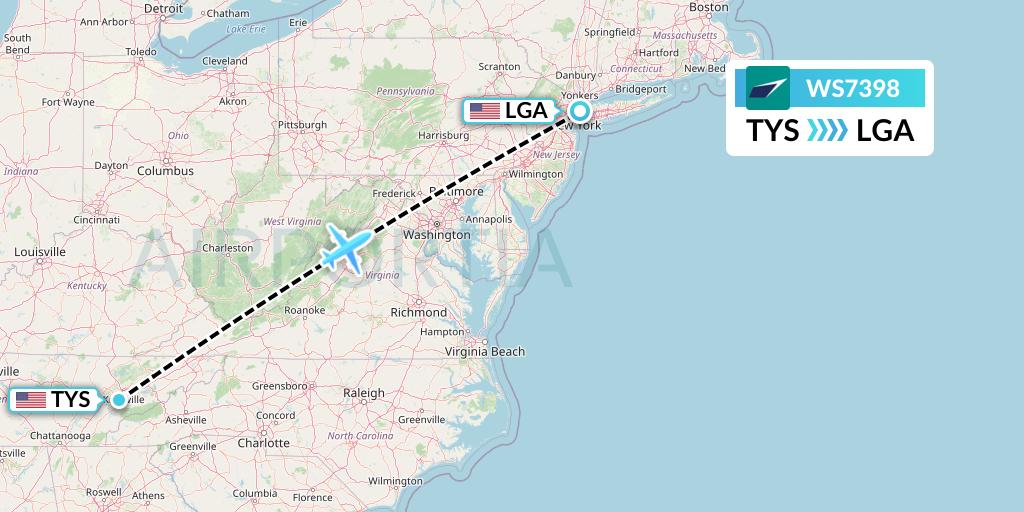 WS7398 WestJet Flight Map: Knoxville to New York
