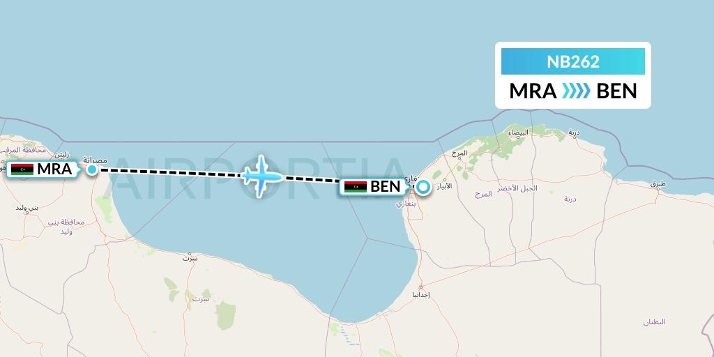 NB262 Berniq Airways Flight Map: Misrata to Benghazi