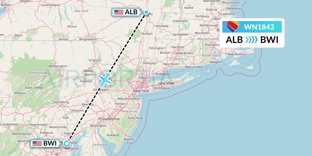 WN1842 Southwest Airlines Flight Map: Albany to Baltimore