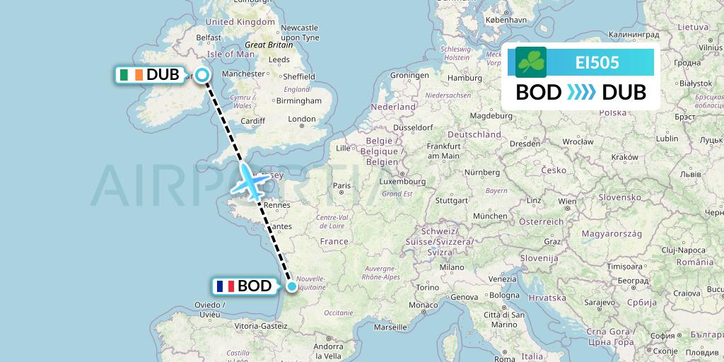EI505 Aer Lingus Flight Map: Bordeaux to Dublin