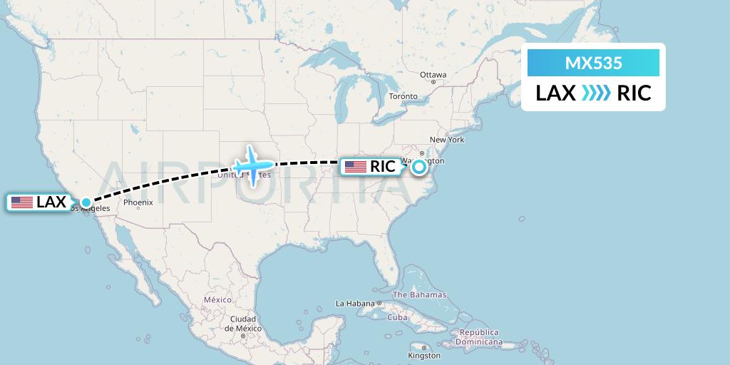 MX535 Breeze Airways Flight Map: Los Angeles to Richmond