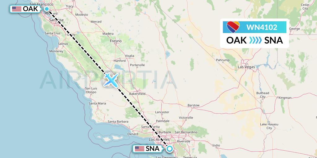WN4102 Southwest Airlines Flight Map: Oakland to Orange County