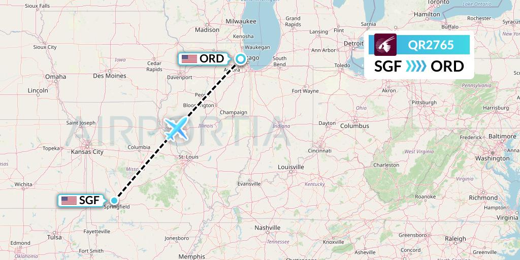 QR2765 Qatar Airways Flight Map: Springfield to Chicago