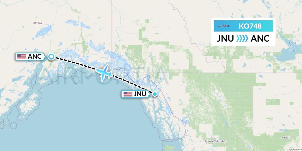 KO748 Komiaviatrans Flight Map: Juneau to Anchorage
