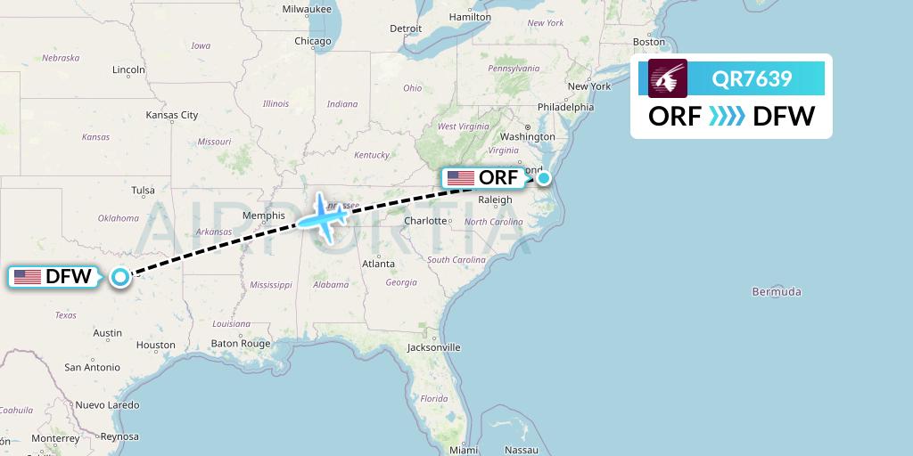 QR7639 Qatar Airways Flight Map: Norfolk to Dallas