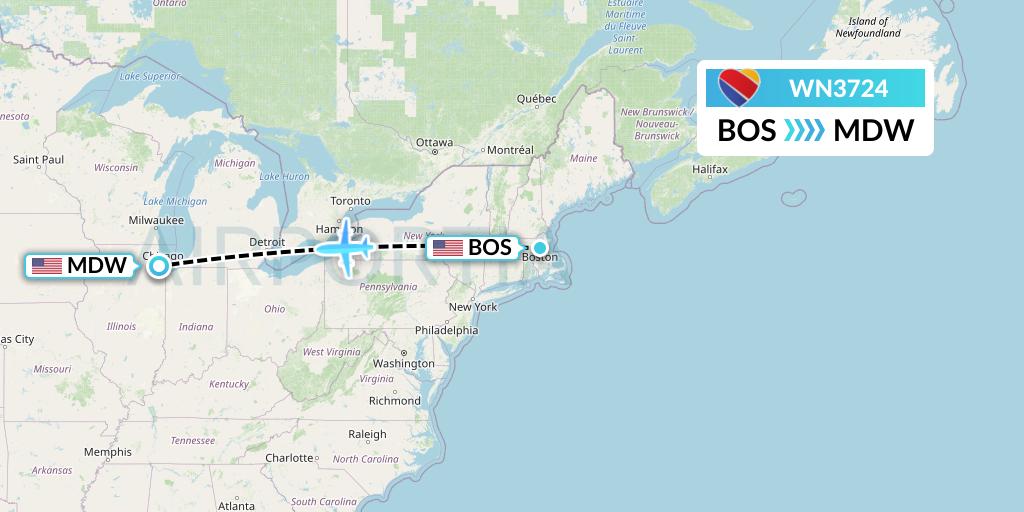 WN3724 Southwest Airlines Flight Map: Boston to Chicago